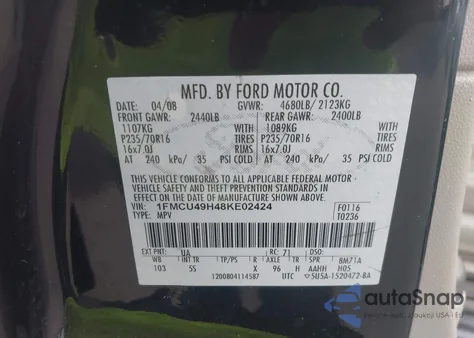 2008 Ford Escape Hybrid z USA, uszkodzony, nr VIN 1FMCU49H48KE02424